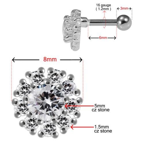 925 Sterling Silver Round CZ Jewelled Cartilage Helix Tragus Piercing Ear Stud - Monster Piercing